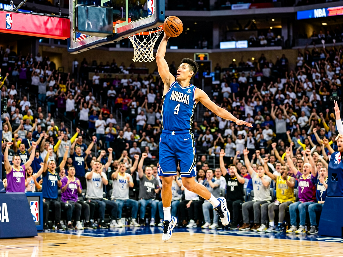 NBA常规赛精彩瞬间，球员突破上篮，现场观众欢呼